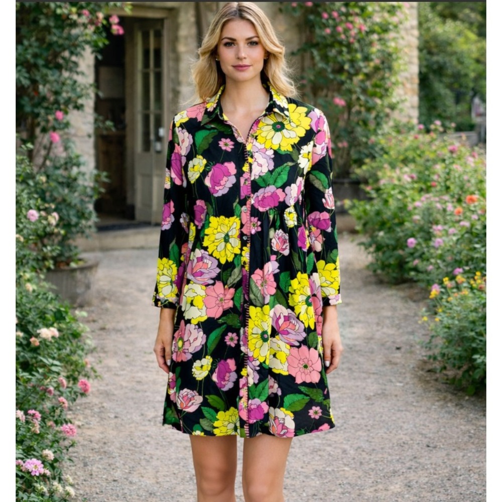 Johnny Was Jade Margarita Floral Mini Shirt Dress XS Long Sleeve Hippie‎ Black